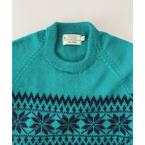 Moriarty Ski Sweater M Turquoise Blue Wool Handmade Vermont Snowflakes Fair Isle - Picture 9 of 9